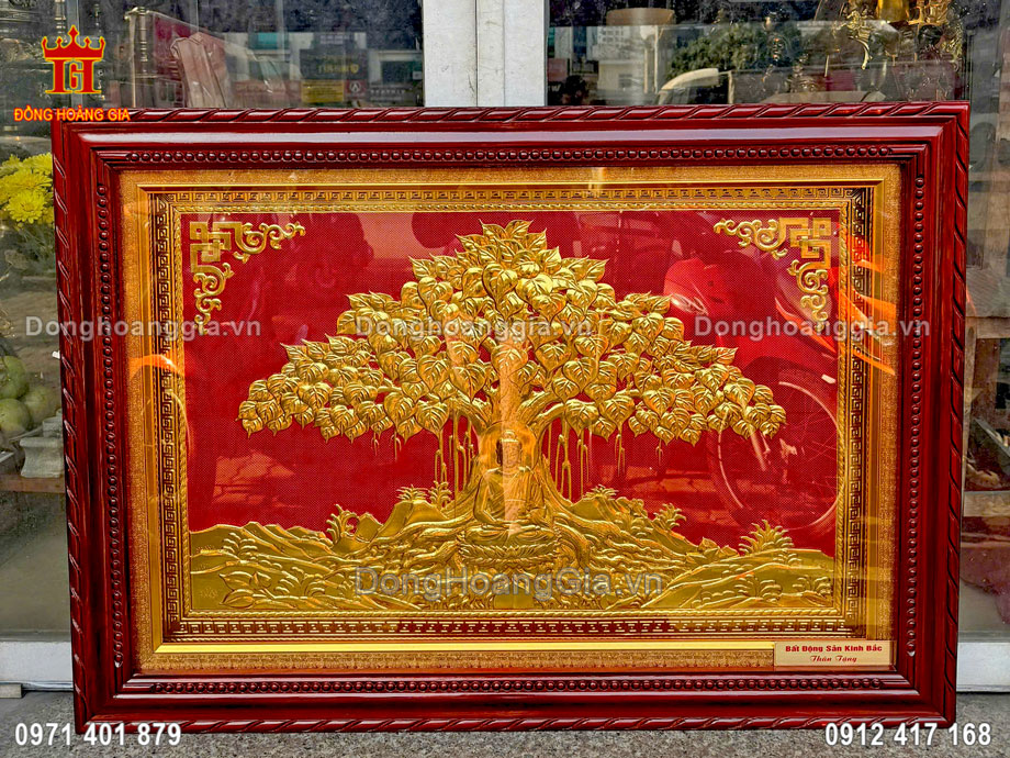 Tranh Đức Phật ngồi dưới gốc cây bồ đề bằng đồng mạ vàng 24K là dòng sản phẩm cao cấp